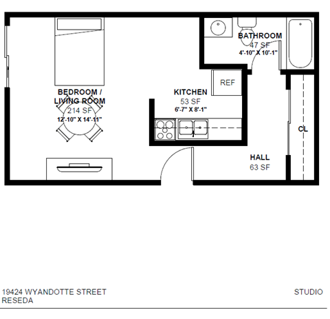 Floor plan for studio, 1 bath, 450 sqft